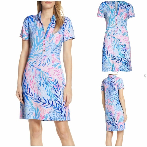 Lilly Pulitzer Sadie Polo Dress Crew Blue Tint Kaleidoscope Corals - size XS - Picture 2 of 8